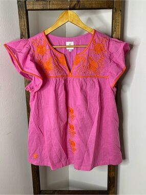 J. Marie Embroidered Flutter Sleeve Top - Pink with Orange Accents Size M